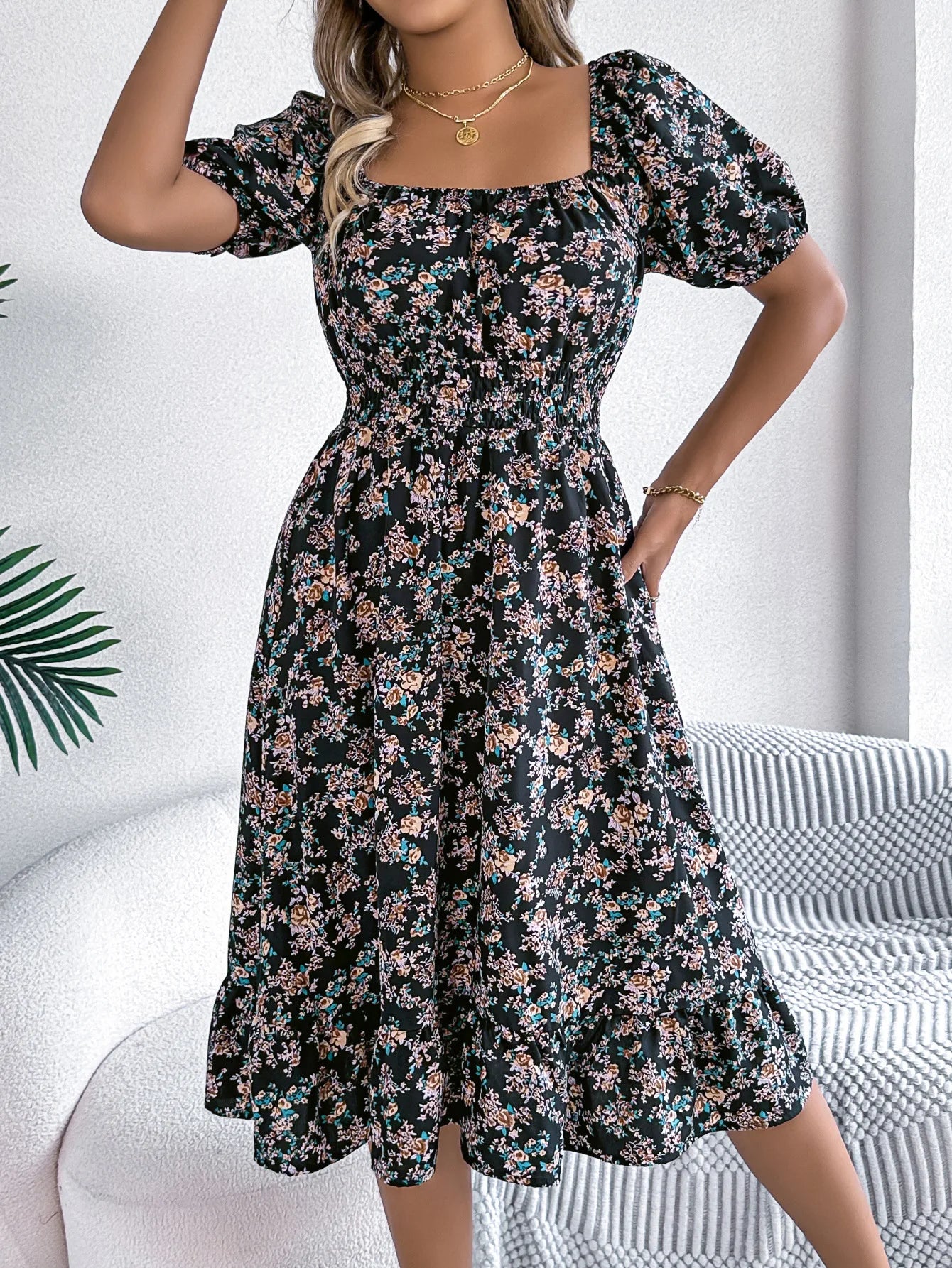 Women's Floral 3D Print Square Neck Dress